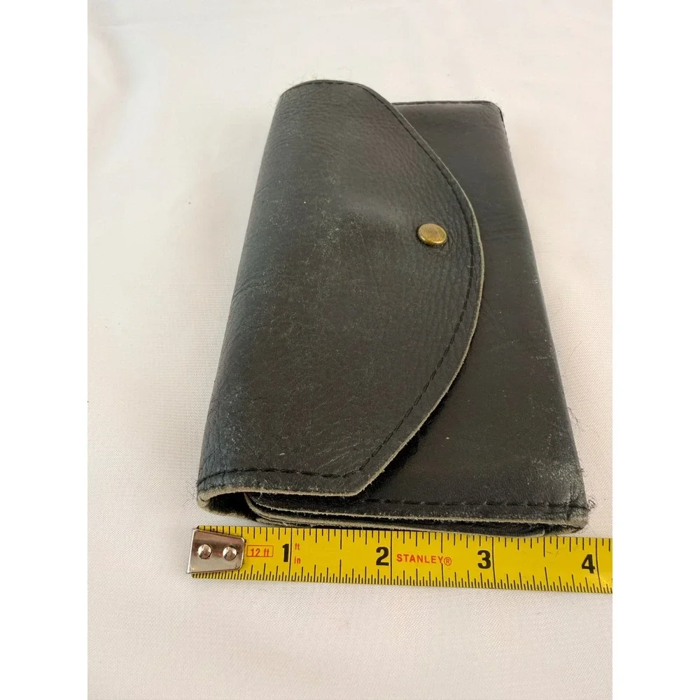 Vintage Black Leather Trifold Wallet Distressed Brass Snap Coin Pocket Biker